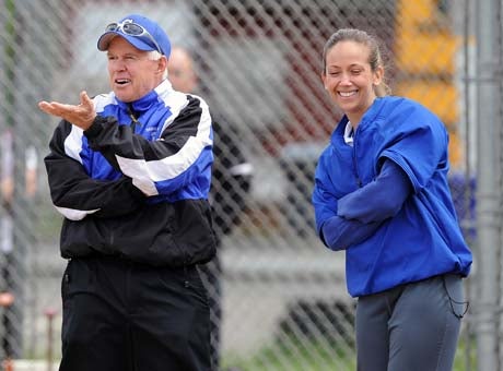 Davina Hernandez, right, took over the Southington softball program this season after veteran coach John Bores, left, retired. The Blue Knights haven't missed a beat, outscoring opponents by 86-2 through seven games.