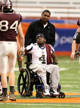 Deshanaro Morris joined his team for the coin flip vs. Burnt Hills-Ballston Lake.
