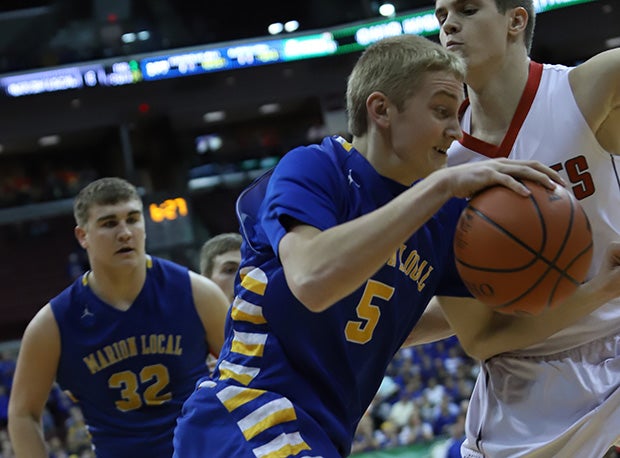 Marion Local's Nathan Bruns scored all 15 of his points in the second half of a 56-54 D-IV semifinal win over Pandora-Gilboa. 