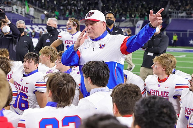 Todd Dodge with his Westlake team after winning the state championship last season.
