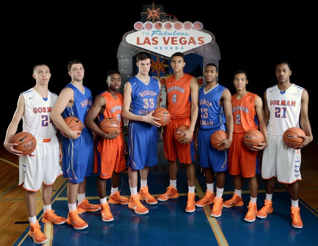 The 2014-15 Bishop Gorman roster is loaded with talent, including players (left to right) Cole Michaels, Tanner Leishman, Ugo Amadi, Stephen Zimmerman, Chase Jeter, Nick Blair, Richie Thornton and Deon Whiteside.