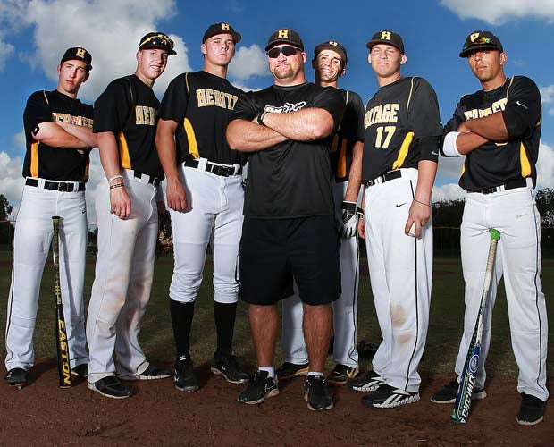 Head coach Bruce Aven fields a lineup that includes six Division I commits. Left to right: Danny Zardon, Zack Collins, Shaun Anderson, Aven, C.J. Chatham, Dean Pelman, Brandon Diaz.