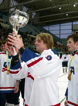 Phil Kessel with the IIHF Under-18 WorldChampionship trophy.