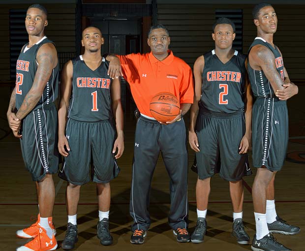 Chester head coach Larry Yarbray is surrounded by top players (left to right): Richard Granberry, Conrad Chambers, Darius Robinson and Rondae Jefferson.