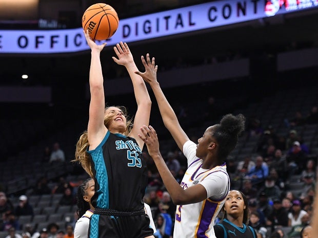 Santiago's McKinley Willardson goes up for two of her game-high 21 in the Sharks' 75-52 loss to Oakland Tech in Friday's CIF Division I final at Golden 1 Center in Sacramento. (Photo: David Steutel)