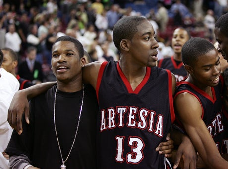 James Harden led Artesia to back-to-back state titles, including the 2007 Division III crown over Bishop O'Dowd-Oakland. He celebrated with teammates and friends after that victory here.