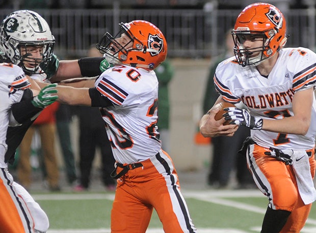 Coldwater quarterback Dylan Thobe threw for 157 yards and a touchdown and ran for 101 yards and a touchdown. 