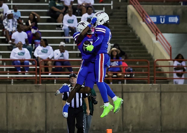 Duncanville receivers Trenton Yancey and Emmanuel Ellison celebrate a first-half score in the Panthers' decisive win over rival DeSoto on Friday in the MaxPreps Game of the Week. (PHOTO: Lynn Fern)
