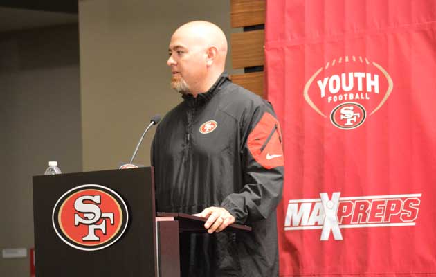 49ers Youth Football Senior Manager Jared Muela addresses teams and media members in attendance.