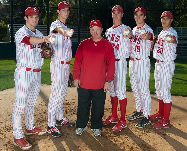 Five Cathedral Catholic pitchers and two position players have either signed or committed to Division I schools. Those five pitchers are shown with head coach coach Gary Remiker (left to right): Michael Martin, Alex Schick, Remiker, Stephen Gonsalves, Andrew Wright and Brady Aiken.
