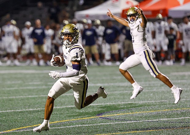 St. John Bosco wide receiver Carson Clark heads for paydirt in the first half of the No. 4 Braves' 34-27 win on Saturday night over No. 9 Chaminade-Madonna. (Photo: Jeff Klein)