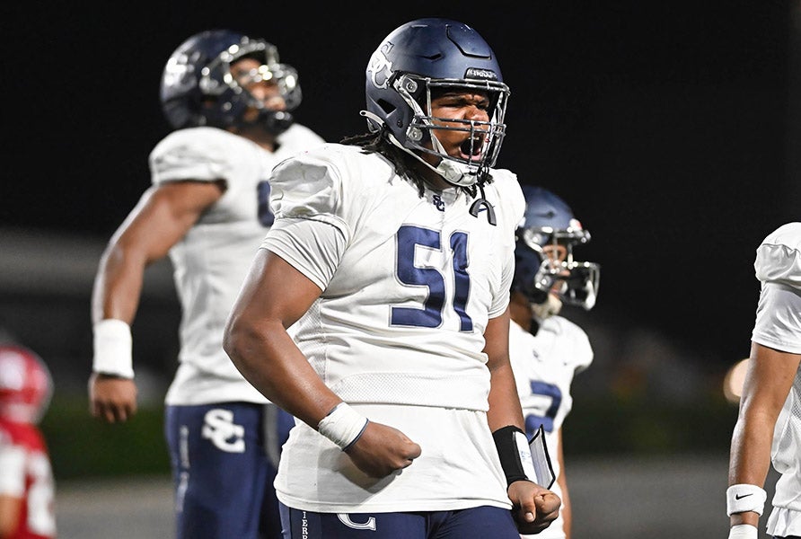 Texas commitment Kasi Currie (pictured), defensive end Stephan Harrison and Orange Lutheran transfer and Ohio State pledge Marcus Fakatou should make Sierra Canyon's defensive line one of the best in the nation. (PHOTO: Marc Gewertz)