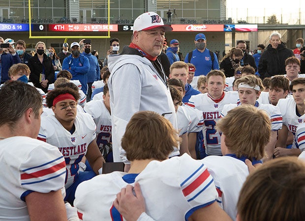 Westlake head coach Todd Dodge addresses his team following their upset over then-No. 2 North Shore on Saturday.