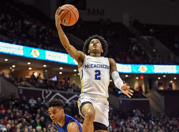 NORWALK, CA - JUNE 01: Sharife Cooper from McEachern High School drives to  the basket during the Pangos All-American Camp on June 1, 2018 at Cerritos  College in Norwalk, CA. (Photo by