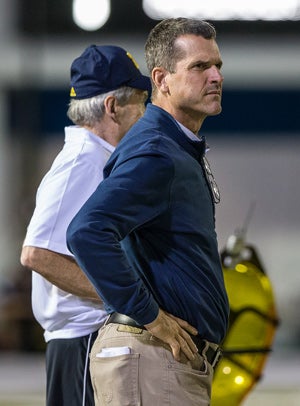 Jim Harbaugh attended the Paramus Catholic at IMGAcademy game in October.