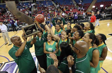 Long Beach Poly celebrates its fifth state title following a 46-28 win over Berkeley. 