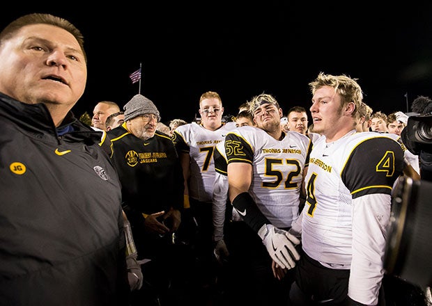 Bill Cherpak (left) on the field with his players after Thomas Jefferson crushed Dallas 46-7 in the 2019 PIAA Class 4A state championship game. (Photo: Eric Elliot)