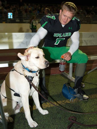 Luke Van Ginkel pets his dog Astro along the sideline
during a recent home game.