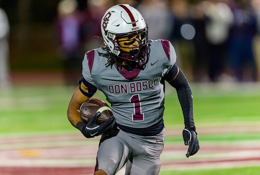 Isaiah Alvarez of No. 24 Don Bosco Prep helped set the tone for a 23-10 victory over rival St. Joseph Regional in the MaxPreps Game of the Week. He busted off a 92-yard kickoff return to give the Ironmen a lead they wouldn't relinquish. (PHOTO: Pete Hagedoorn)