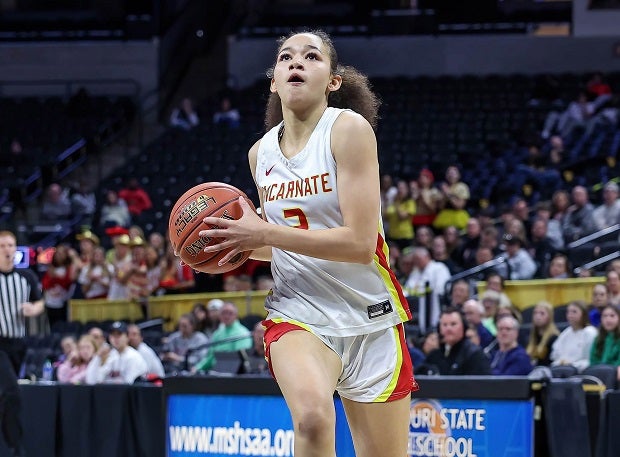 Nevaeh Caffey of Incarnate Word Academy is the 2023-24 Missouri MaxPreps Player of the Year. Unbeaten in her high school career, the Indiana commit averaged 14.0 points as the Red Knights won their seventh straight state title. (Photo: David Smith)