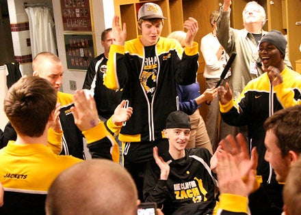 Zach Gabbard surprised his Perham teammates before quarterfinal game.