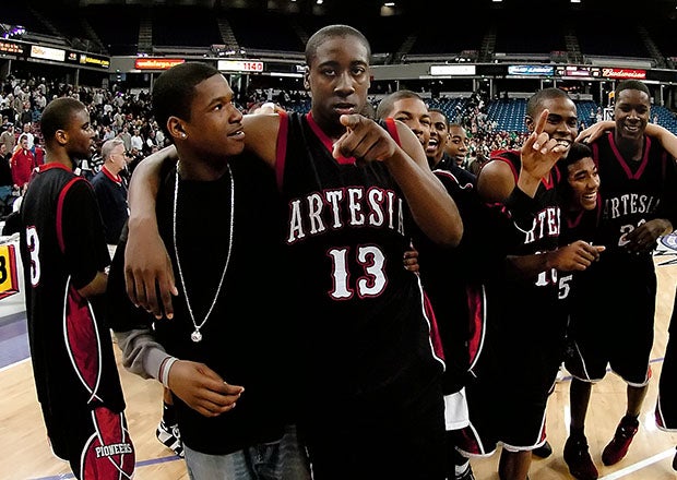 James Harden celebrates with his Artesia teammates after beating St. Mary's in the 2006 Division 3 state championship game. (Photo: David Steutel)