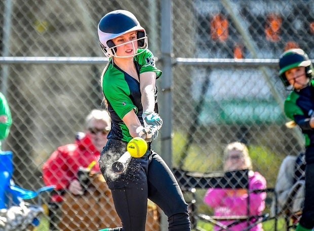 Yellville-Summit's Abby Methvin breaks her bat on contact with the pitch. The three-sport athlete is a standout on the diamond, track and court for Yellville-Summit. (Photo: Brian Cox)