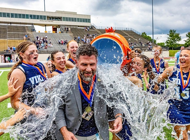 Union Pine (N.C.) lacrosse coach Daniel Proud gets the Gatorade bath after the Vikings capped their unbeaten season with a 20-6 win over Bishop McGuinness in the 1A/2A/3A state championship. (Photo: Jason Jackson)