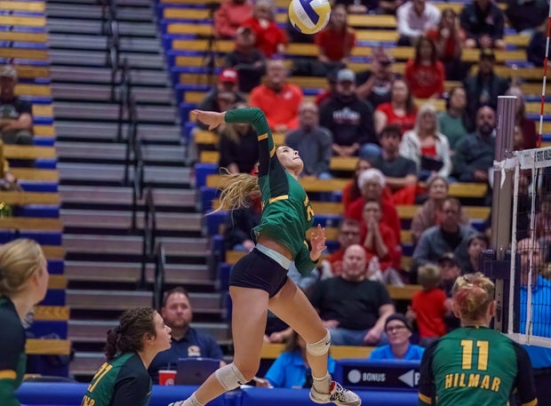 Hilmar's Alyssa Colston goes up for one of her seven kills Friday in her team's sweep of Elsinore in the CIF Division V state championship. (PHOTO: Diane Torrence)