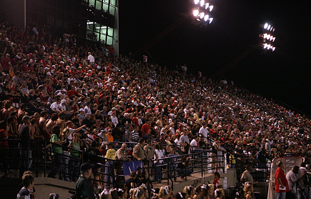 High school fans pack the stadium during a Jenks vs Union game in Oklahoma.