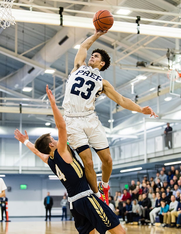 St. John's Prep (Mass.) senior Nate Hobbs towers over Will Dorian of Needham.