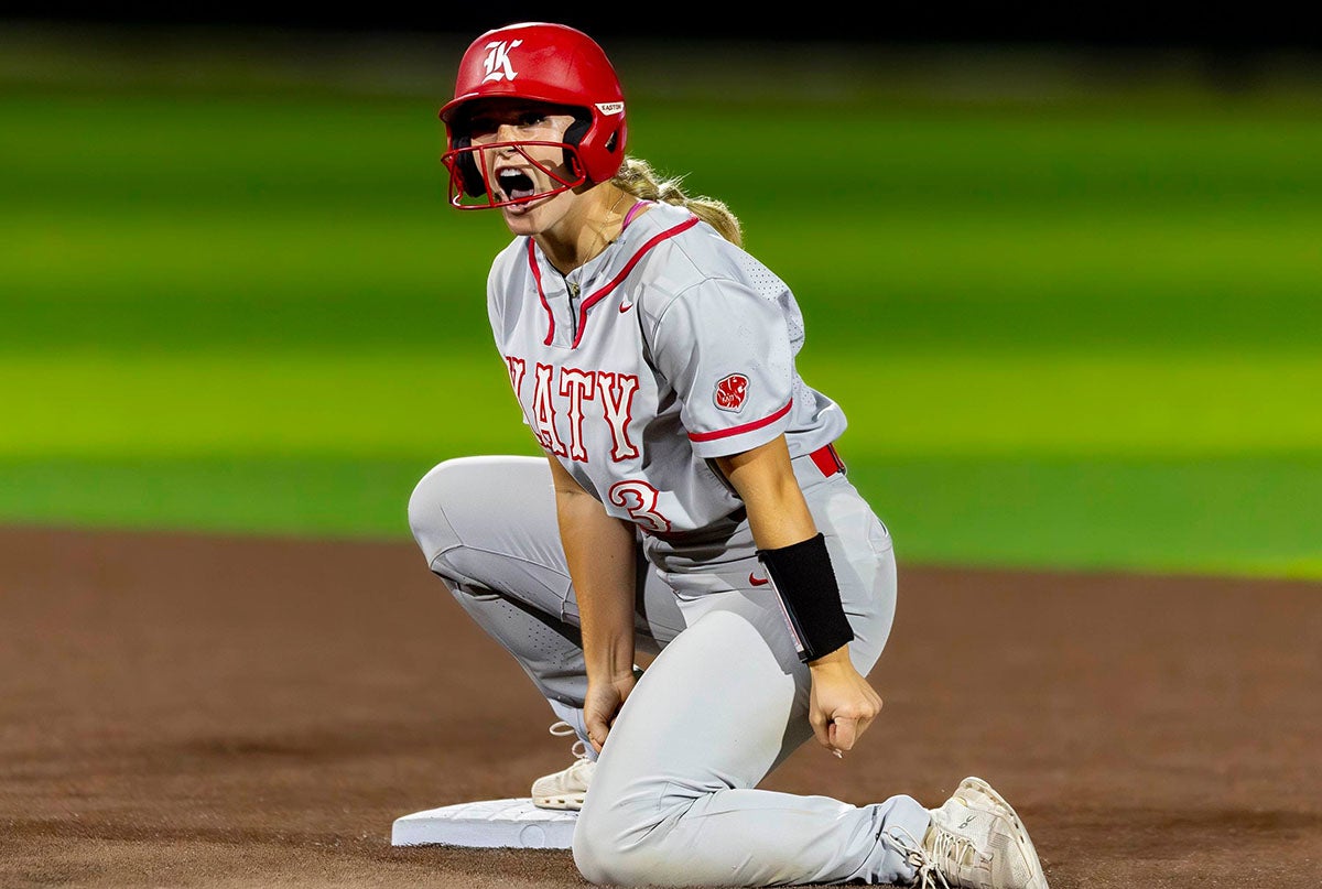 Maddie Smith of No. 15 Katy celebrates after hitting a double in the eighth inning of a 6-2 postseason win over then-No. 16 Kingwood last week. On the season the North Carolina State signee has a .462 batting average with 15 home runs and 53 RBI. (PHOTO: Jose Palomo)