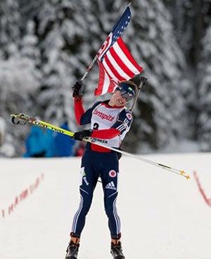 Sean Doherty celebrates after taking one of 
three medals at IBU Junior World Championships.