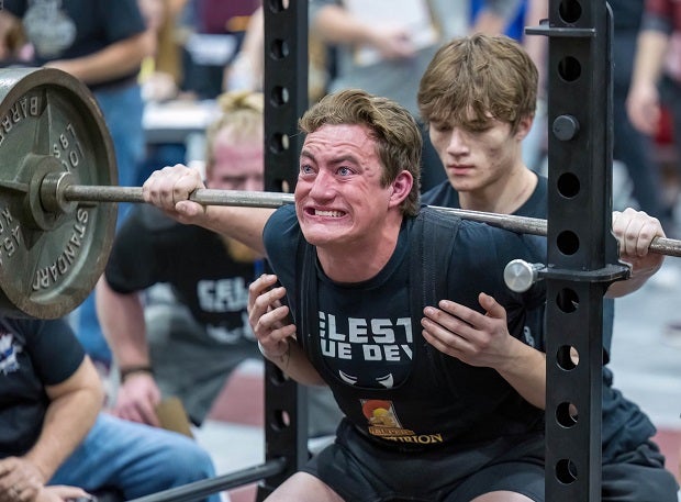Celeste powerlifter Wyatt Noack works to lift 585 pounds in the squat portion of the regional weightlifting competition. Wyatt was the region winner in the 220-pound class and will compete at the upcoming UIL State Championships. (Photo: Tommy Hays)