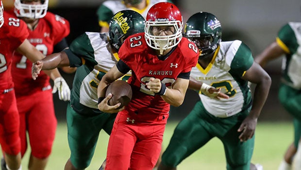 Kahuku junior Peter John Mataira heads down field in his team's season-opening win on Friday.
