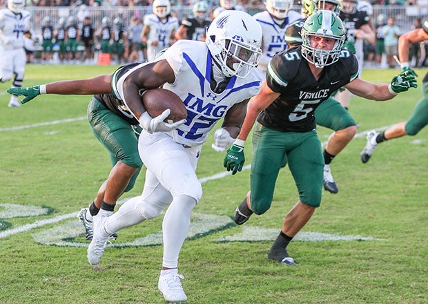 One of the nation's top running back prospects, Jerrick Gibson averaged 7.3 yards per carry with eight touchdowns for IMG Academy in 2022. (Photo: Pete Wright)