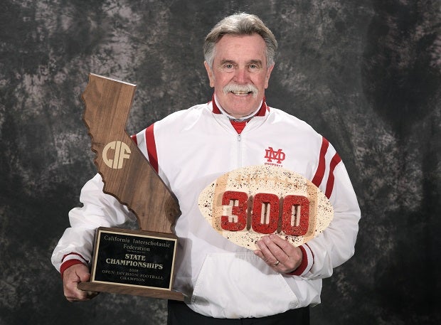 Mater Dei coach Bruce Rillinson celebrates his 300th win and the Monarchs' second straight CIF Open Division title.