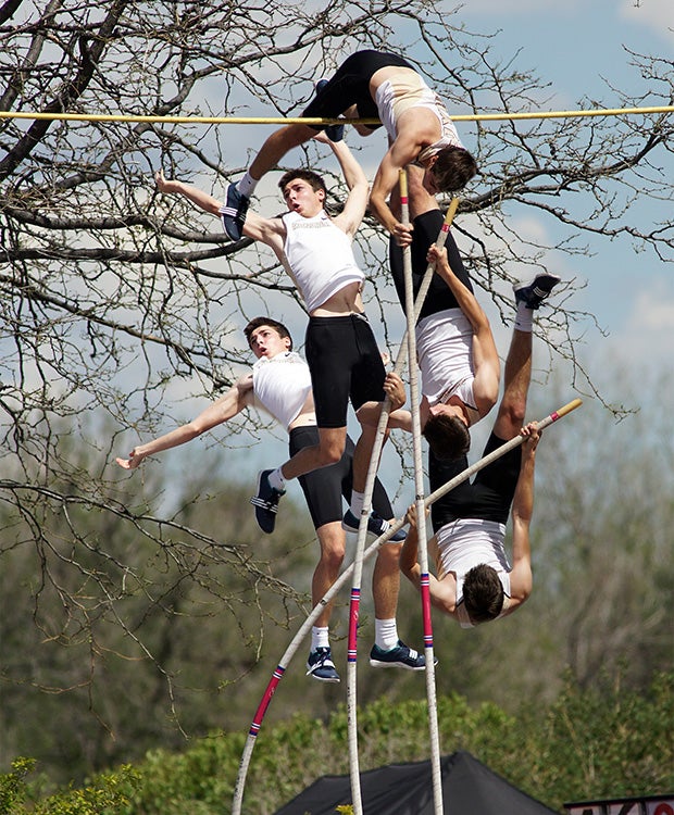 Cole Rowan of Monarch (Louisville, Colo.) soars 16 feet on this third attempt to win the boys 5A pole vault competition during the CHSAA Track and Field Championships.