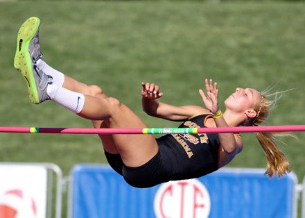 . ... and over on the way to her state championship in the high jump. She made the winning jump of 5-10 on her second attempt.
