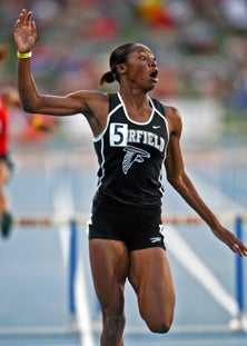 Daje Pugh reacts to her time of
40.57 in the 300 hurdles.