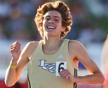 Darren Fahy flashes a winning smile after the first of two victories Saturday in the California State Championships at Veterans Stadium on the campus of Buchanan High School.