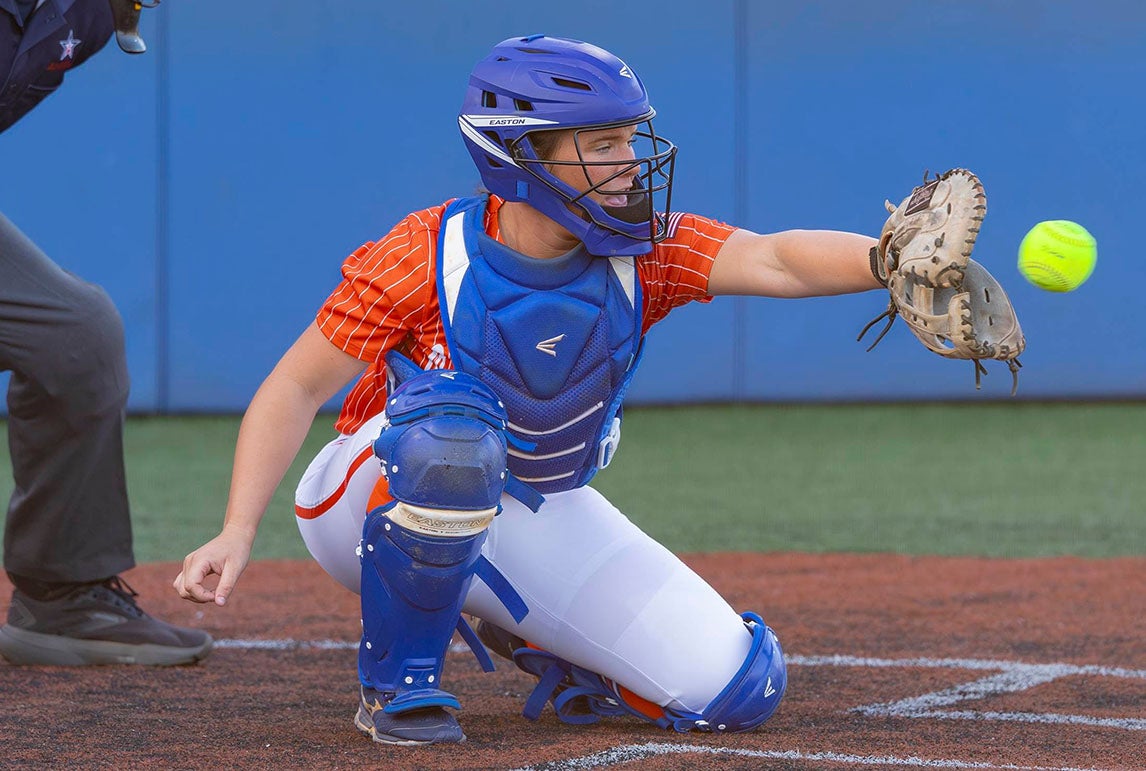 Arkansas signee Ava Hodo of No. 1 Orange Beach is batting .492 with 14 extra-base hits. Over her career with the Makos, the catcher has 73 home runs. (PHOTO: Holly Mapel)