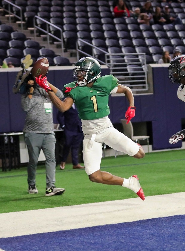DeSoto's Johntay Cook attempts to reel in a touchdown catch. (Photo: Michael Herbovetz)