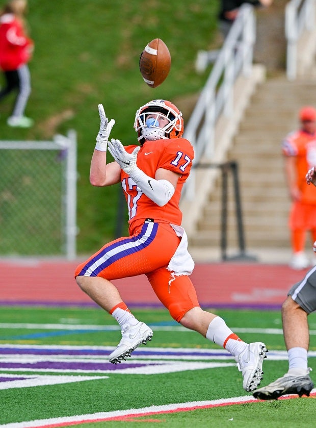 Danville's Carson Persing hauls in a pass for a touchdown. The Ironmen wideout passed the 4,000 career receiving yards mark with the catch and became the fifth player in Pennsylvania to reach that total. (Photo: Dan Zimmerman)