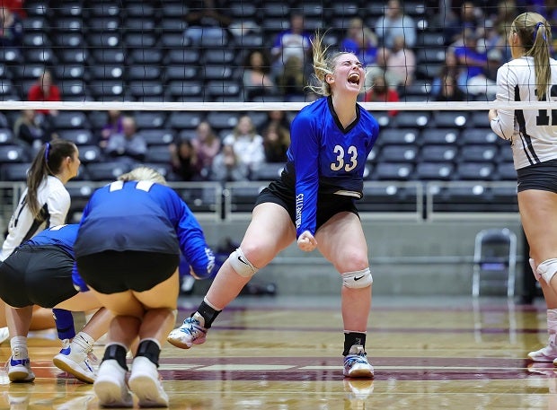 Windthorst’s Tara Tackett celebrates after scoring a point during the UIL 2A final played against Lindsay. The Trojans beat Lindsay in five sets, winning 15-12. (Photo: Robbie Rakestraw)