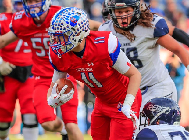 Texas-bound tight end Gunnar Helm, of Cherry Creek, in last year's 5A state championship game against Columbine. 