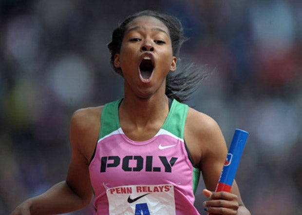 The expressive Washington responds at the 2012 Penn Relays after a relay victory. 