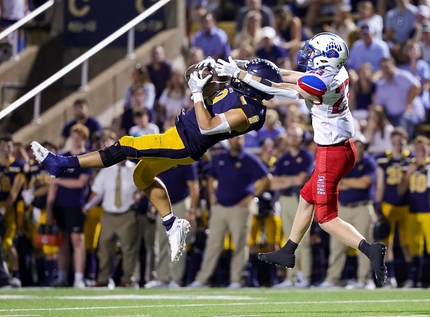 Highland Park defender Jack Morse intercepts a passing against Colorado power Cherry Creek in a game played at Randy Allen Field. (Photo: Robbie Rakestraw)