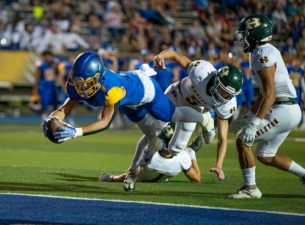 Big Sandy quarterback Kayden Smith dives in for the touchdown against Harleton. (Photo: Wayne Grubbs)