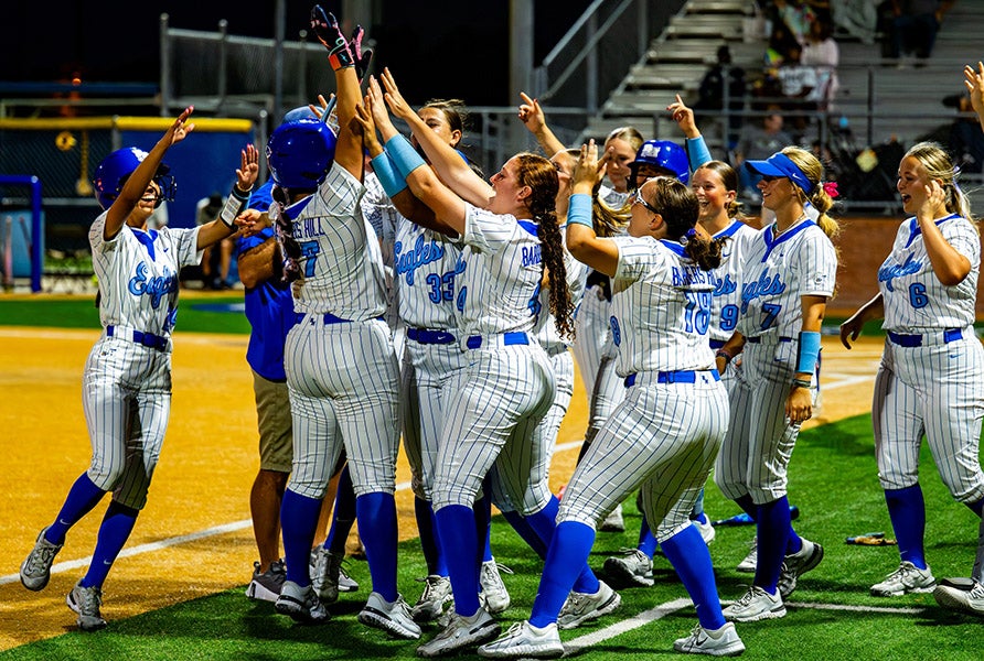 Barbers Hill celebrates a home run last week against Nederland. The Eagles have five hitters batting at least .400 as they head into the postseason. (PHOTO: Rafael Lopez)